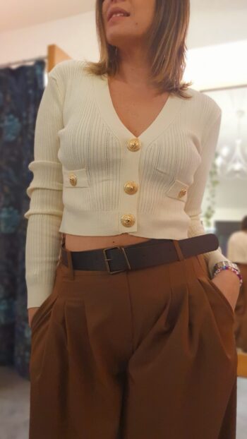 Cardigan Crop Bottoni Avorio Grigio