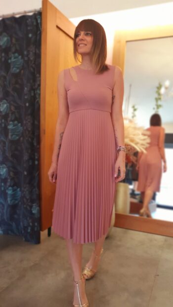 Abito Midi Cut Plissè Rosa Lokita